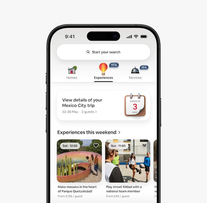 A guest’s view of the Experiences tab in the app featuring nearby experiences happening soon.