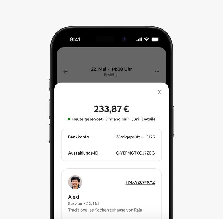 Ein Bildschirm in der App, der zeigt, wie ein:e Gastgeber:in eine Zahlungsbestätigung erhält.