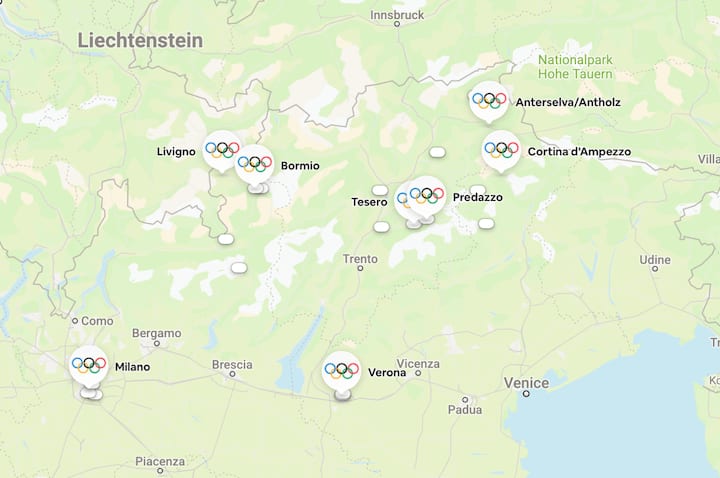 Karte mit den Austragungsorten der Winterspiele Milano Cortina 2026.
