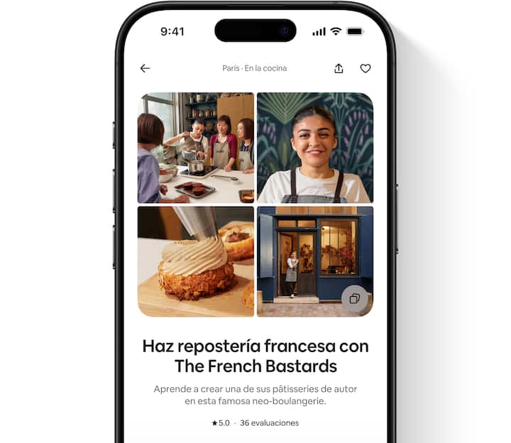 Vista del huésped de un anuncio de experiencia que cuenta con fotos, una descripción, la calificación actual en estrellas y el número de evaluaciones.