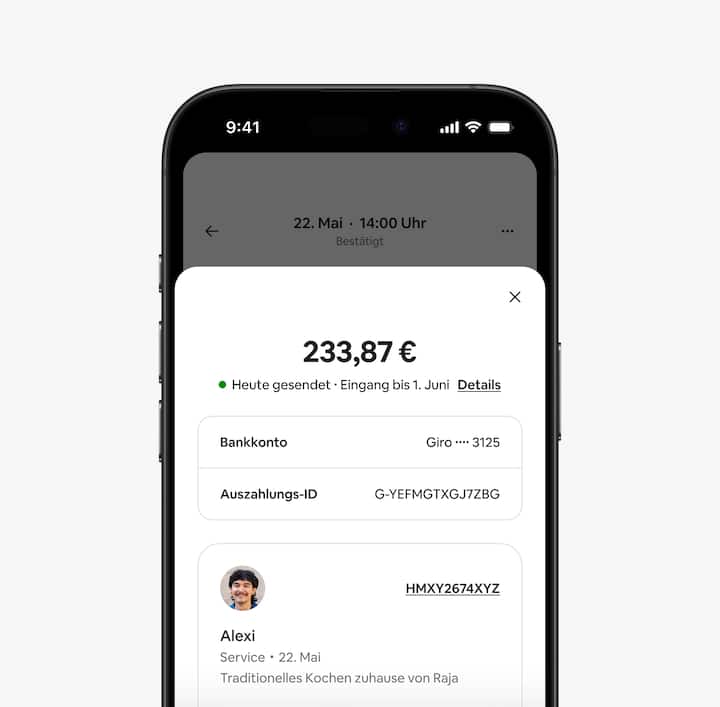 Ein Bildschirm in der App, der zeigt, wie ein:e Gastgeber:in eine Zahlungsbestätigung erhält.