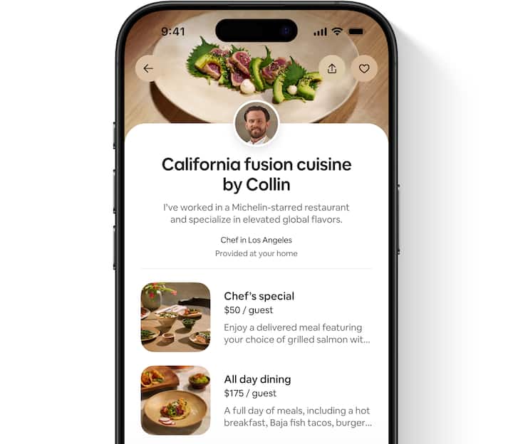 A guest’s view of a services listing that includes host photo and bio, an image of each offering, details, and pricing.