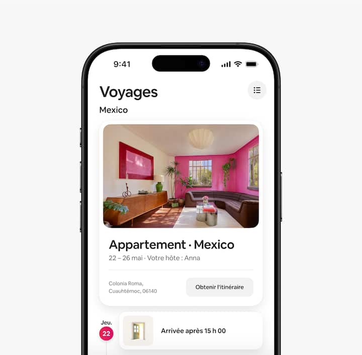 La vue de l'onglet Voyages dans l'appli Airbnb qui montre l'itinéraire du point de vue des voyageurs.