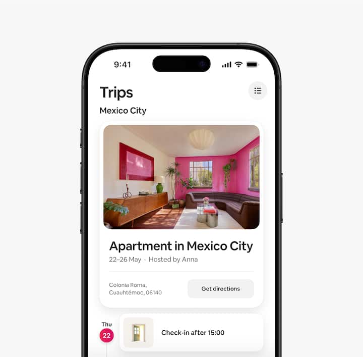 A guest’s view of the Trips tab in the Airbnb app that shows a guest itinerary.