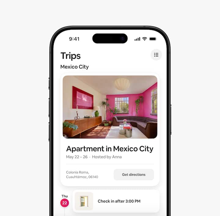 A guest’s view of the Trips tab in the Airbnb app that shows a guest itinerary.