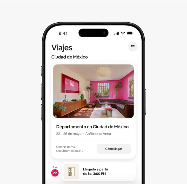 Vista de la pestaña Viajes en la aplicación de Airbnb que muestra un itinerario de huésped.
