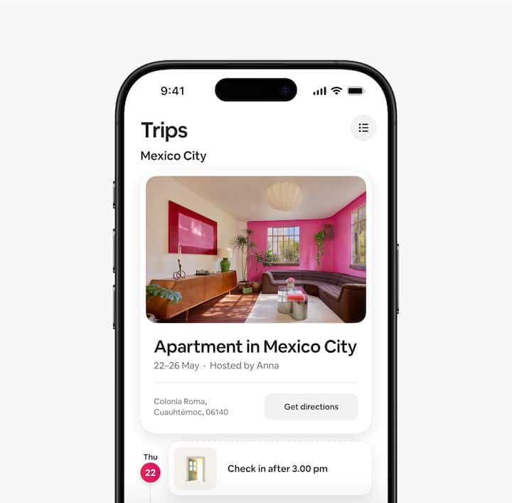 A guest’s view of the Trips tab in the Airbnb app that shows a guest itinerary.
