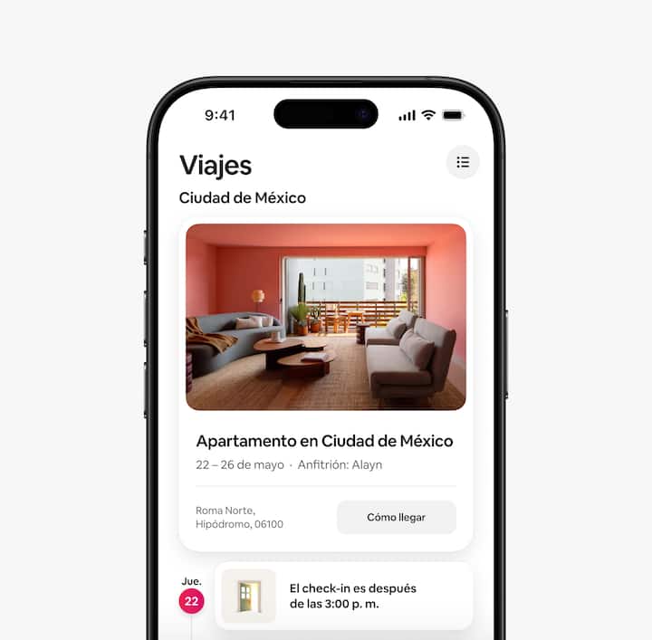 Vista de la pestaña Viajes en la app de Airbnb que muestra un itinerario de huésped.