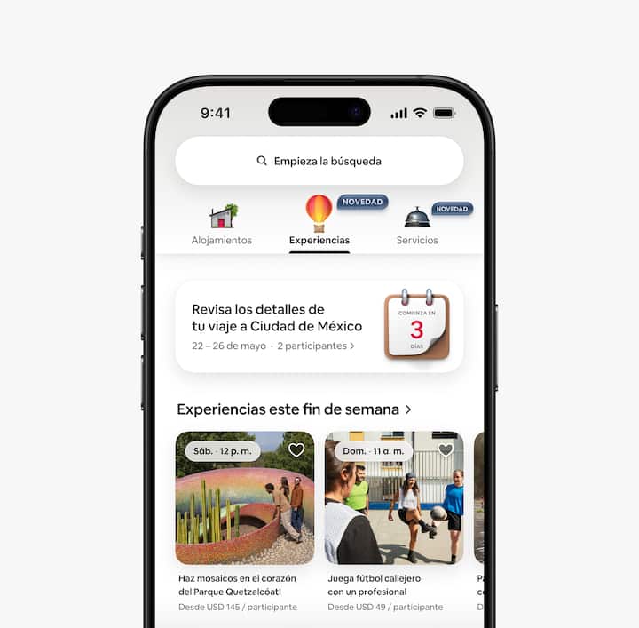 Vista del huésped de la pestaña Experiencias en la app que muestra Experiencias cercanas que se llevarán a cabo próximamente.
