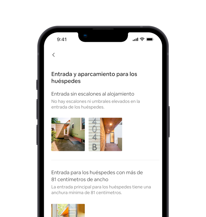 En un celular se muestra un grupo de prestaciones de accesibilidad correspondiente a un anuncio en Airbnb. La primera prestación dice “entrada para huéspedes sin escalones”, con imágenes que corresponden a la prestación. Debajo hay otra prestación de accesibilidad que dice “entrada para huéspedes de más de 81 centímetros”, con una imagen que corresponde a la prestación.