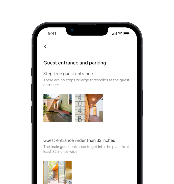 A mobile phone displays a group of accessibility features for an Airbnb listing. The first feature reads “step-free guest entrance,” with images below that correspond to the feature. Underneath is another accessibility feature that reads “guest entrance wider than 32 inches,” with an image below corresponding to the feature.