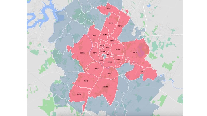 Map of Austin, Texas with the following zip codes highlighted;
78701
78702
78703
78704
78705
78721
78722
78723
78724
78725
78727
78731
78741
78744
78745
78746
78748
78751
78752
78753
78756
78757
78758