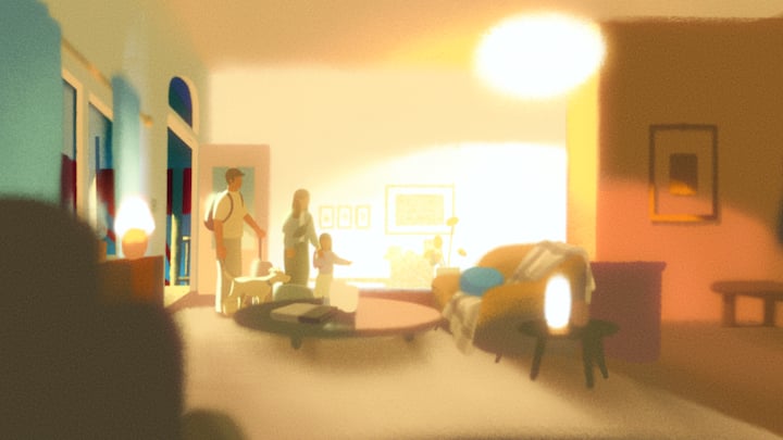 An illustrated family of three, a father, mother, and child, walk into a home for the first time after evacuating a disaster.
