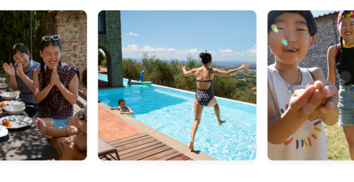 Three images of a family in Tuscany. In the first image, the family gathers around a table outdoors, enjoying a shared meal together. In the second image, the family spends time by the pool, with the mother about to jump in. In the third photo, the son is with his mother on the grass in front of the house.