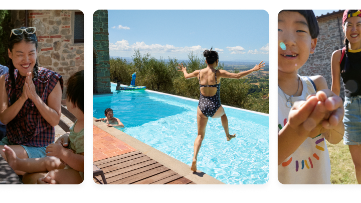Three images of a family in Tuscany. In the first image, the family gathers around a table outdoors, enjoying a shared meal together. In the second image, the family spends time by the pool, with the mother about to jump in. In the third photo, the son is with his mother on the grass in front of the house.