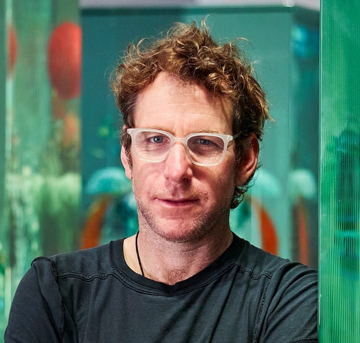 A man with curly brown hair wearing a black shirt stands in front of vibrant, abstract sculptures encased in glass, part of an artistic installation.
