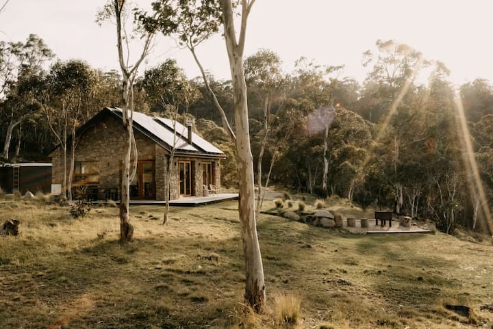 Stone cabin in a forest clearing with outdoor fire pit.