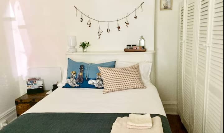 Cozy bedroom with quirky dog-themed pillows