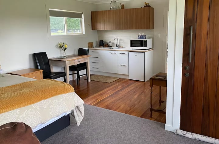 Studio with bed, kitchenette, and dining table