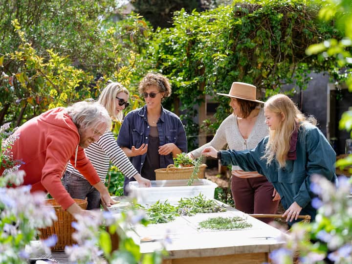 A group of people gathered around a table outdoors, sorting and organizing fresh greenery and herbs in baskets, surrounded by lush foliage.