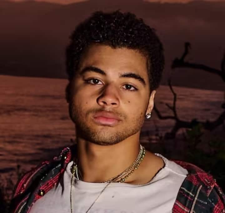 Close-up of a person dressed casually in a plaid shirt and necklaces with a blurred face, set against a serene sunset over a lake with dark tree silhouettes.