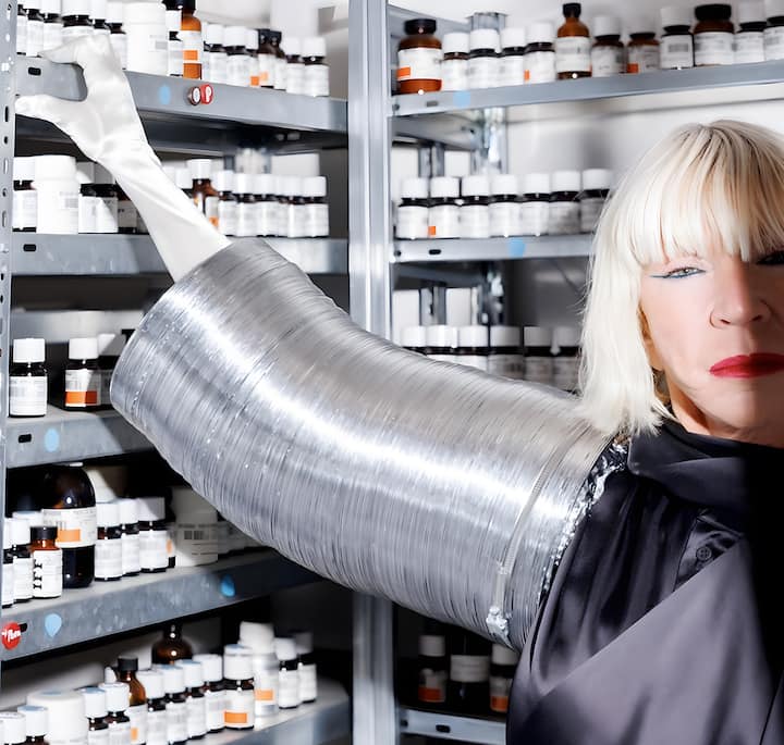Person wearing a metallic sleeve reaching for a bottle on a shelf filled with labeled jars in a laboratory or storage room.