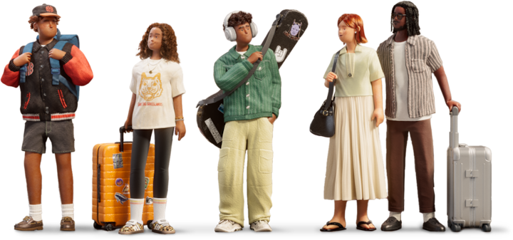 A group of five stylized figures representing diverse travelers, each carrying luggage or travel gear like backpacks, suitcases, and a guitar case, standing against a black background.