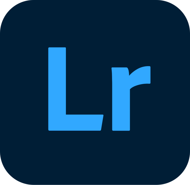 Logo Adobe Lightroom représentant un carré bleu aux coins arrondis et les lettres « Lr » en bleu vif sur un fond sombre.