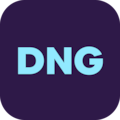 The letters 'DNG' in bold light blue font centered on a dark purple rounded square background, representing the DNG file format discussed for image compatibility and professional quality.