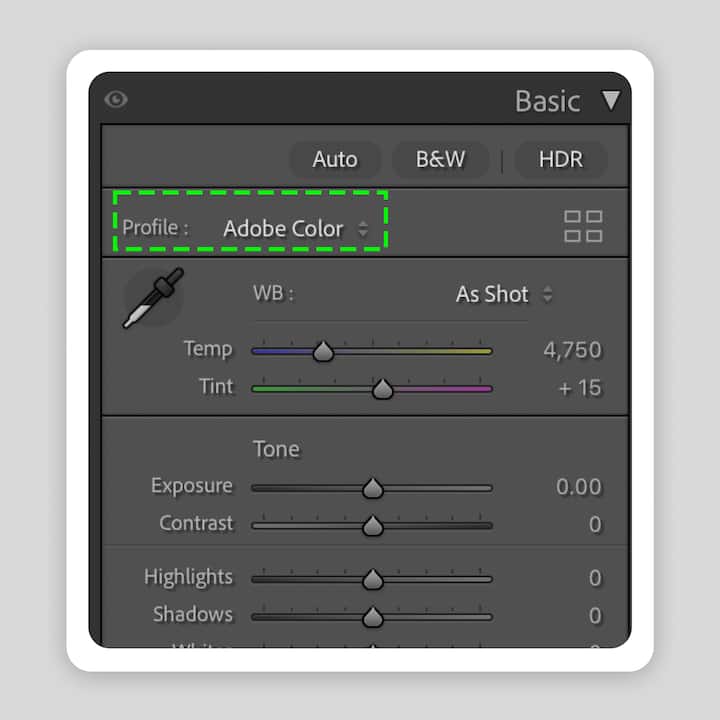 Capture d'écran du panneau des réglages de base d'Adobe Lightroom avec un encadré vert mettant en évidence le menu déroulant « Profil : Adobe Color ».