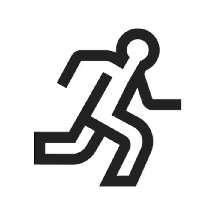 Icône d'une personne qui court, représentée dans un style minimaliste en noir et blanc.