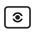 A minimalist black and white icon of a camera lens with a rectangular frame, representing camera settings.