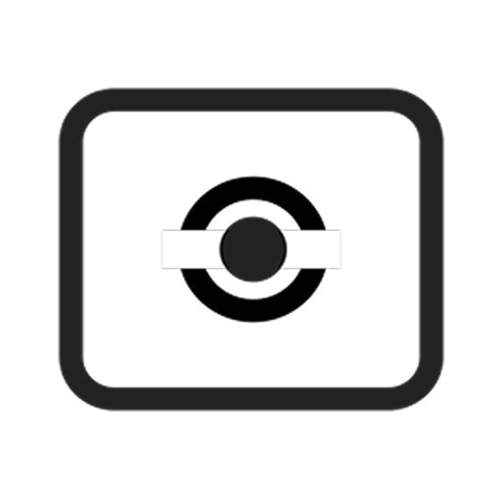 Icône minimaliste en noir et blanc d'un objectif d'appareil photo avec un cadre rectangulaire, représentant les réglages de l'appareil photo.