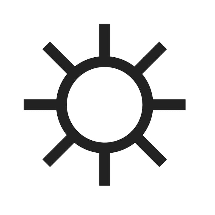 Icône minimaliste représentant un soleil noir aux rayons symétriques, symbolisant la luminosité et la clarté, en accord avec le style de photographie d'Airbnb.