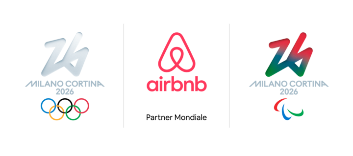 Logos for Milano Cortina 2026 Winter Olympics, Airbnb as a Worldwide Partner, and Milano Cortina 2026 Paralympic Games, aligned horizontally.