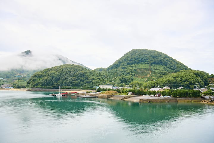 A serene view of a coastal village in Japan featuring green, tree-covered hills and calm blue water under a cloudy sky.