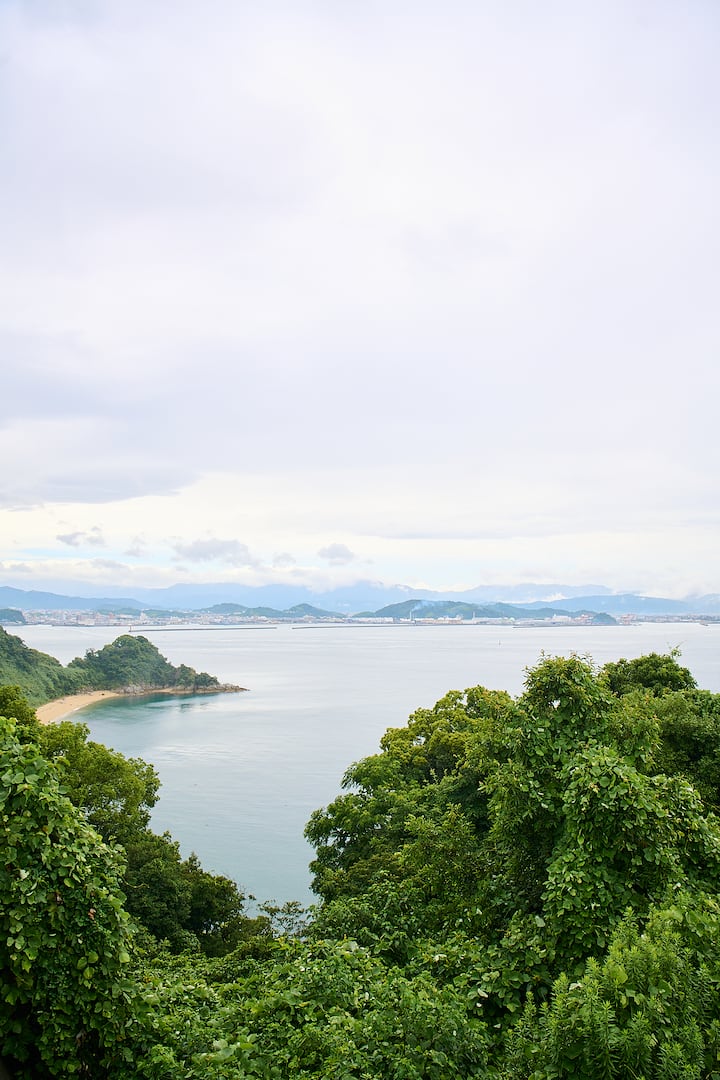 A scenic view of the coastline in Japan, showing lush green trees in the foreground, a small sandy beach, and calm waters leading to distant islands and mountains under a cloudy sky.