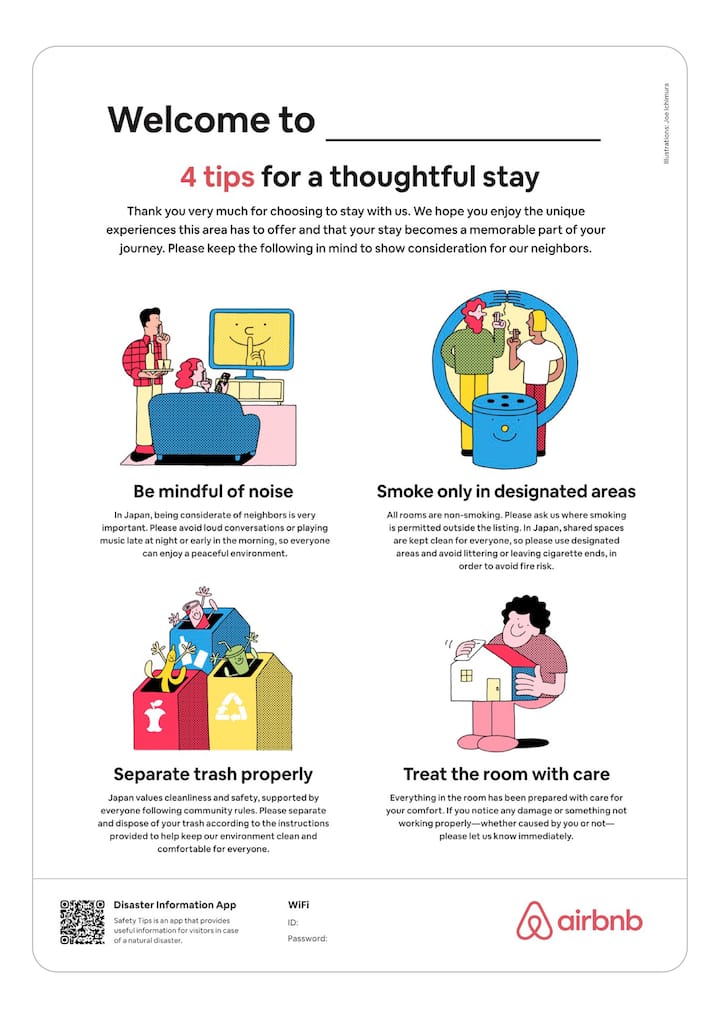 Illustrated poster titled '4 tips for a thoughtful stay' featuring guidelines for Airbnb guests on being mindful of noise, smoking only in designated areas, separating trash properly, and treating the room with care, in multiple languages including English, Japanese, Korean, and Chinese.