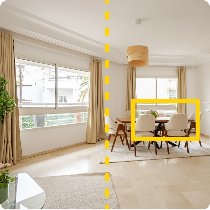 Une image divisée en plusieurs parties montrant un coin repas minimaliste avec une table en bois et quatre chaises beiges à droite, et un espace vide et bien éclairé avec de grandes fenêtres à gauche, soulignant l'équilibre de la composition.