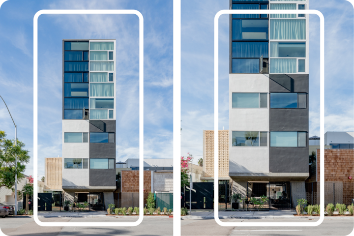 Immeuble moderne de plusieurs étages doté d'une façade géométrique noir et blanc, de grandes fenêtres et d'un accès au rez-de-chaussée entouré de verdure sous un ciel bleu sans nuages.