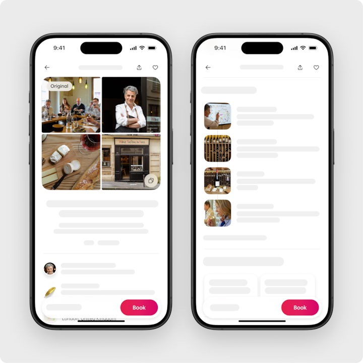 Deux écrans de smartphone affichent une expérience Airbnb de dégustation de vin à Paris, avec des images de verres à vin, de planches de fromages, de la devanture d'un caviste et d'un hôte présentant l'activité.