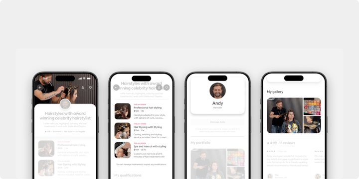 Quatre écrans de smartphone affichent une annonce de service Airbnb pour un coiffeur, présentant des options telles que coiffure professionnelle, coupe de cheveux avec mise en forme et une galerie mettant en valeur le travail du styliste.