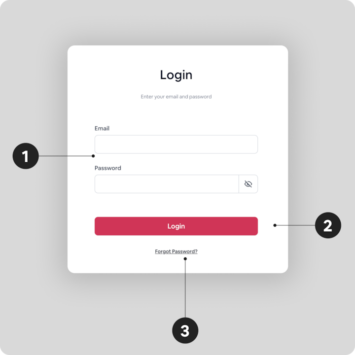 Un écran de connexion présentant des champs pour saisir une adresse e-mail et un mot de passe, un bouton rouge Connexion et un lien Mot de passe oublié ? en dessous.