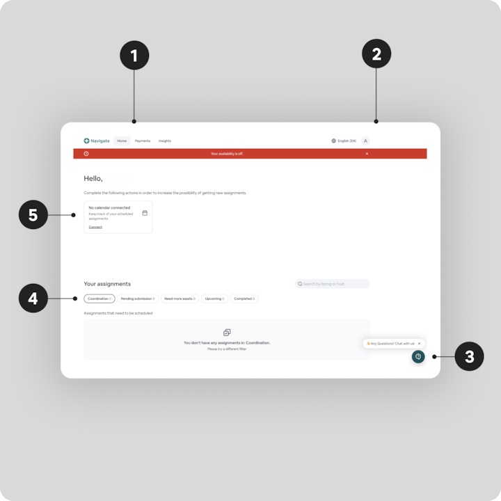 Un écran d'interface utilisateur affichant la page de configuration du compte Airbnb avec les onglets de navigation Accueil, Paiements et Informations en haut, une bannière rouge indiquant « Vos disponibilités sont désactivées » et des sections pour connecter un calendrier et afficher les missions.