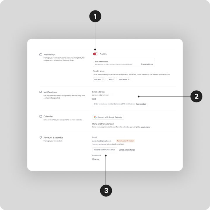 Un écran d'interface utilisateur affichant les paramètres du compte, notamment l'activation ou la désactivation de la disponibilité, la saisie d'un numéro de téléphone pour recevoir des notifications par SMS et la modification du mot de passe du compte.