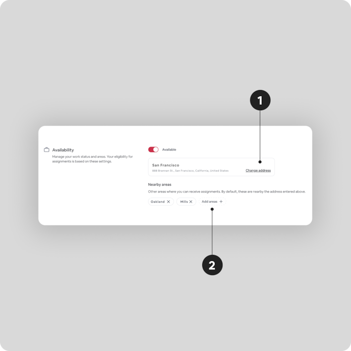 Capture d'écran des paramètres de localisation Airbnb montrant un bouton pour indiquer les disponibilités, l'adresse d'un logement à San Francisco et des options pour modifier l'adresse ou ajouter des zones à proximité comme Oakland et Mills.