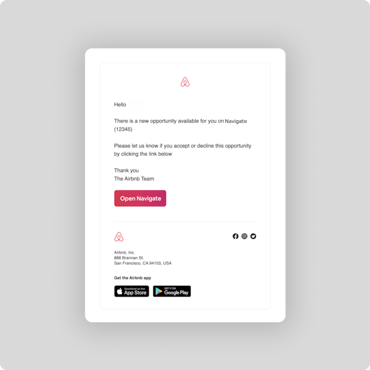 Capture d'écran d'un e-mail d'Airbnb concernant une nouvelle opportunité sur Navigate, avec un bouton rose Ouvrir Navigate afin d'accepter ou refuser la mission.