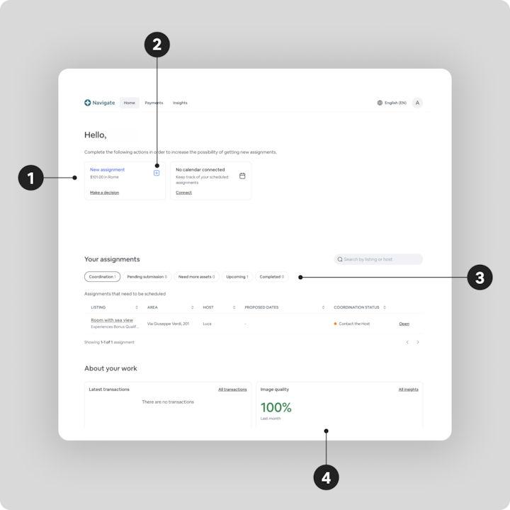 Capture d'écran du tableau de bord de Navigate montrant une nouvelle mission à Rome, des filtres de mission comme Coordination et À venir, et un score de qualité d'image de 100 % dans la section Informations.