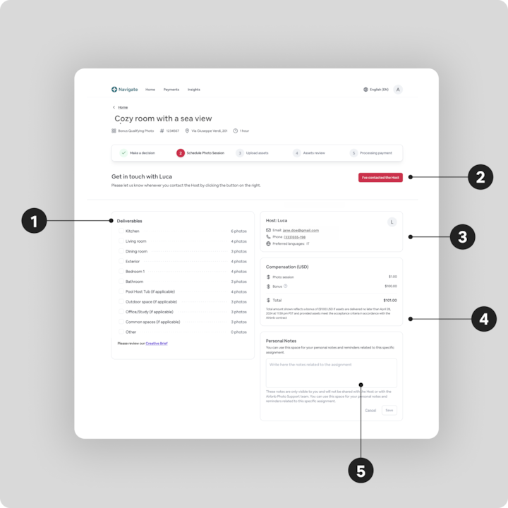 Capture d'écran de l'interface d'une mission Airbnb affichant le contenu à livrer, les coordonnées de l'hôte, les détails de la rémunération et une section dédiée aux notes personnelles. La section dédiée au contenu à livrer répertorie les pièces et espaces avec le nombre de photos requises, et la section de l'hôte indique l'adresse e-mail, le numéro de téléphone et la langue préférée.