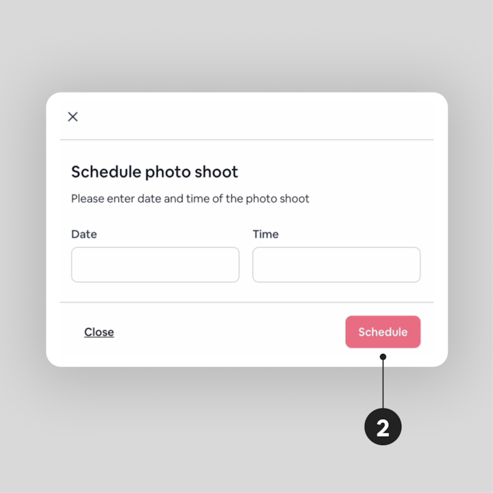 Une interface utilisateur affichant un formulaire intitulé Programmer une séance photo, comprenant des champs pour saisir la date et l'heure, et un bouton rose Programmer situé en bas à droite.